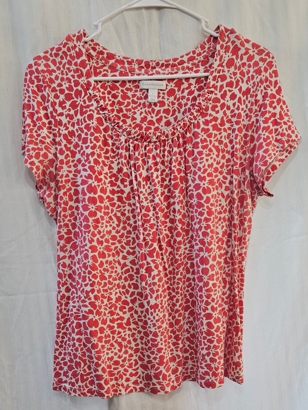 Charter Club T-Shirt - Salmon White Floral Cotton Blend - Size L Large